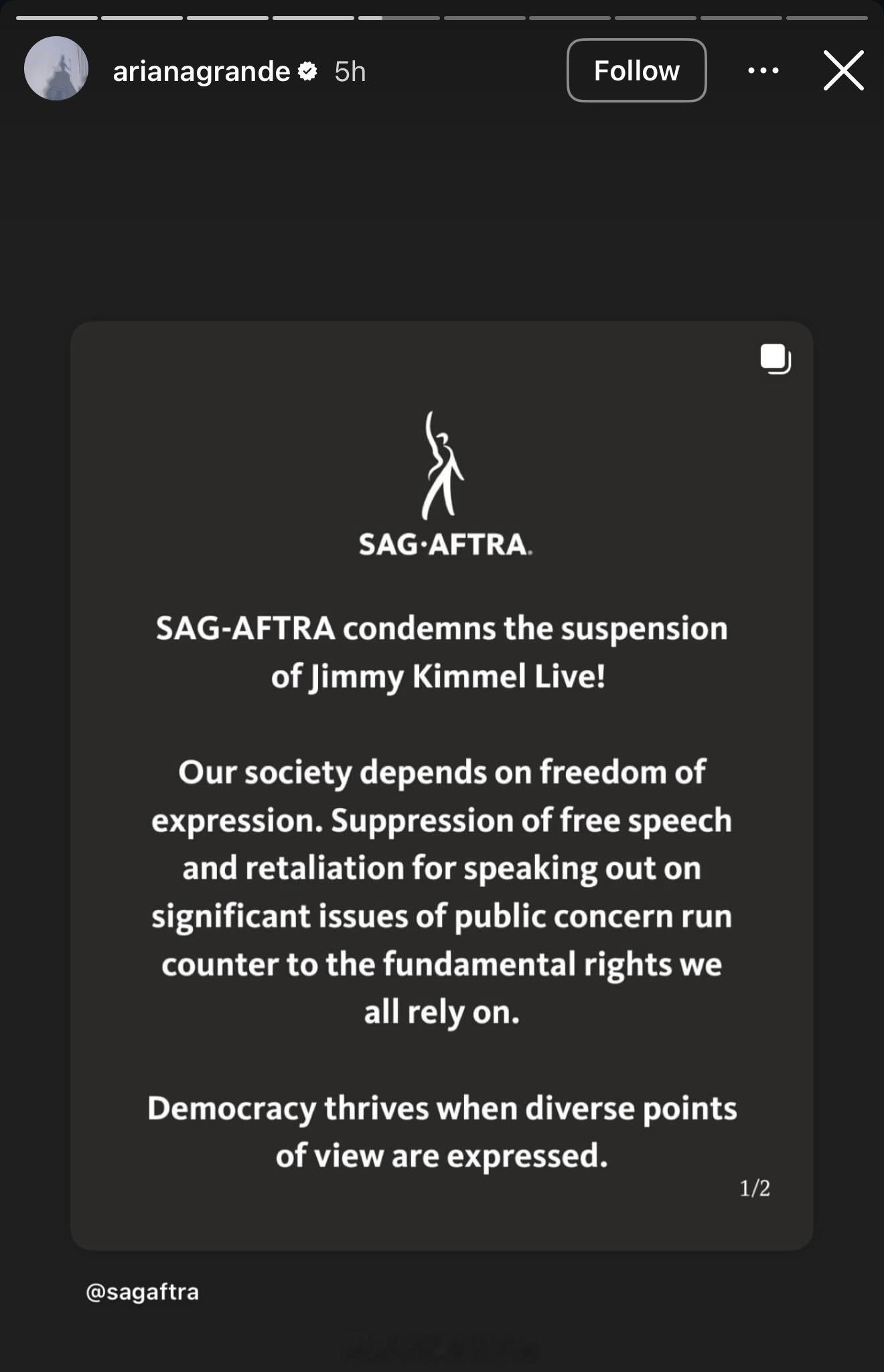 Ariana Grande声援Jimmy Kimmel，转发SAG-AFTRA声