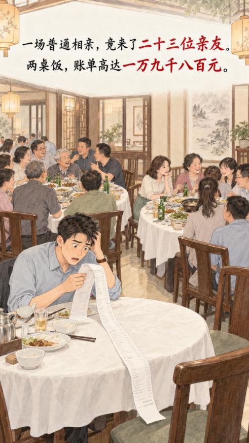 相亲遇见极品相亲女，带 23 个亲戚来蹭饭，两桌吃掉 2 万。

这件事发生在浙