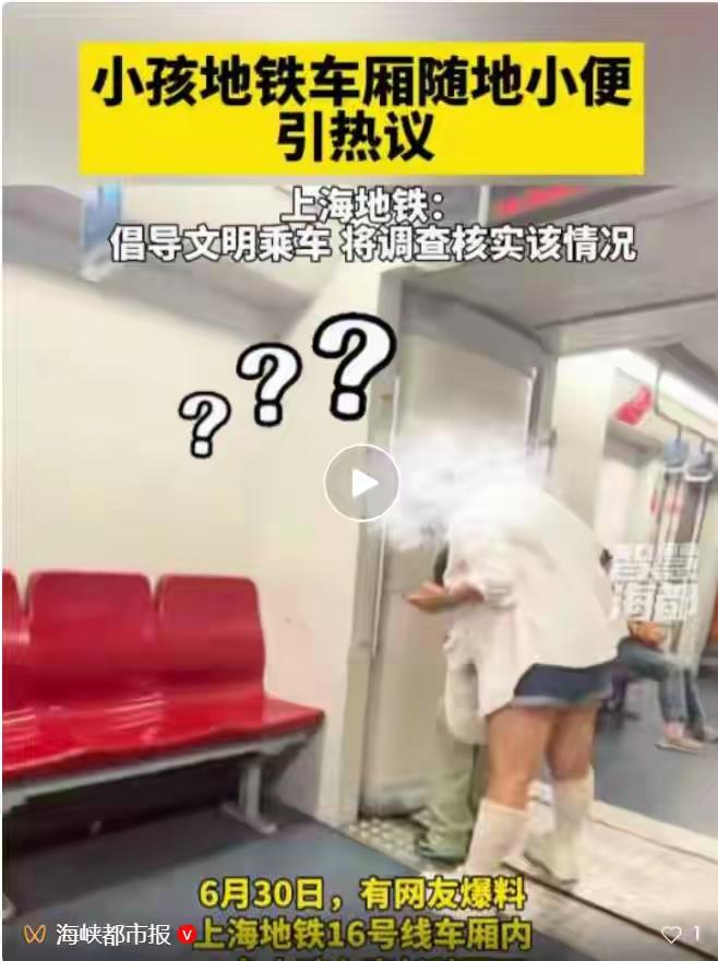 上海地铁16号线，一孩童在车厢连接处就地排泄。家长就站在孩子身后没有阻止，甚至全