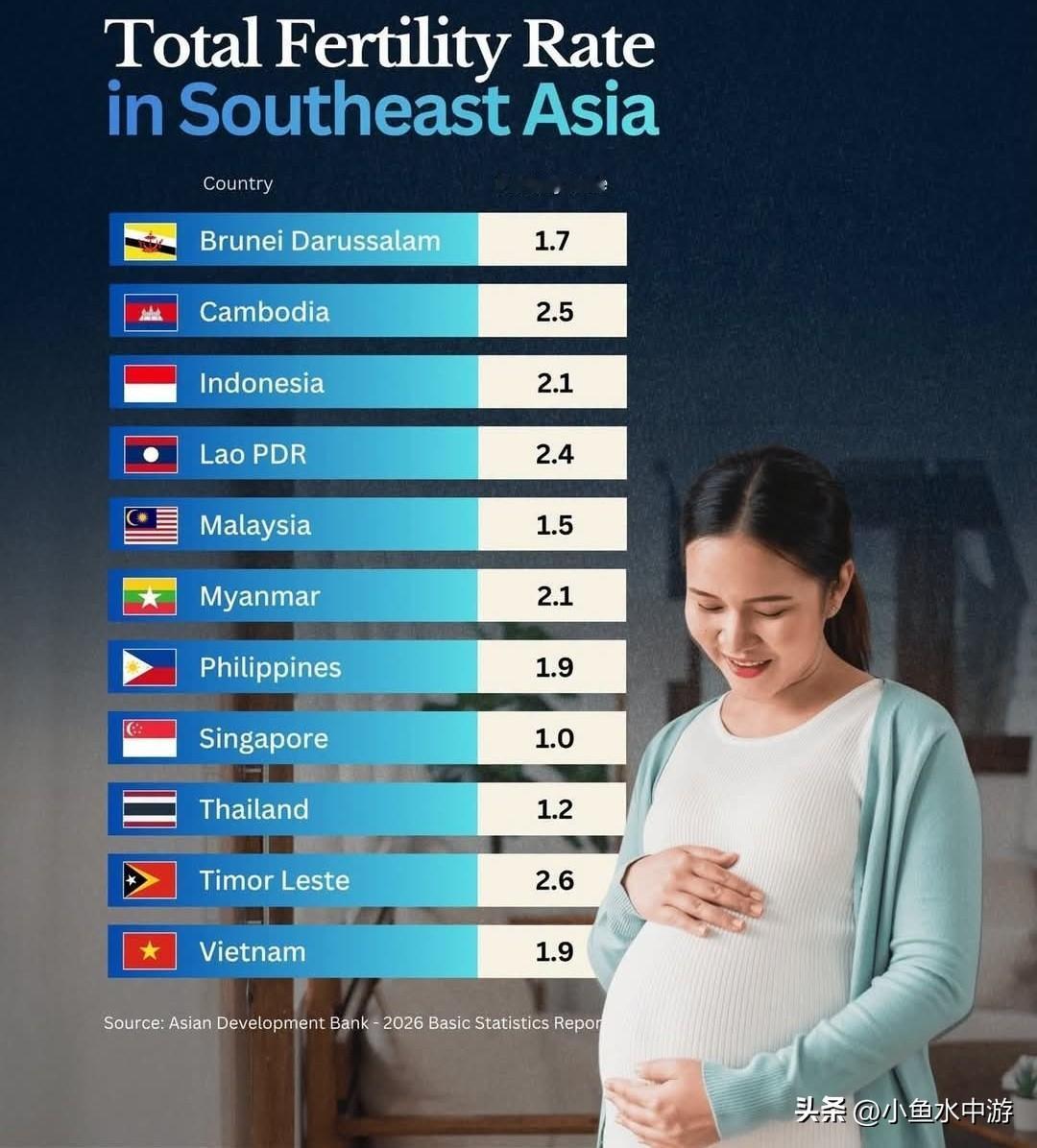亚洲开发银行数据｜东南亚各国总生育率TFR一览，新加坡仅1.0垫底
资料来源：A