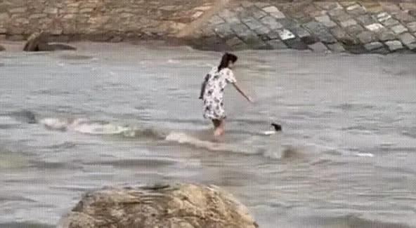 今年10月4日，一名男孩在玩耍时不慎失足掉入海中，而他的母亲在危难时刻毫不犹豫的