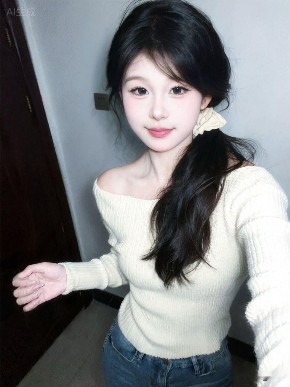 温柔甜美的少女，米色毛衣搭配牛仔裤，清新自然。