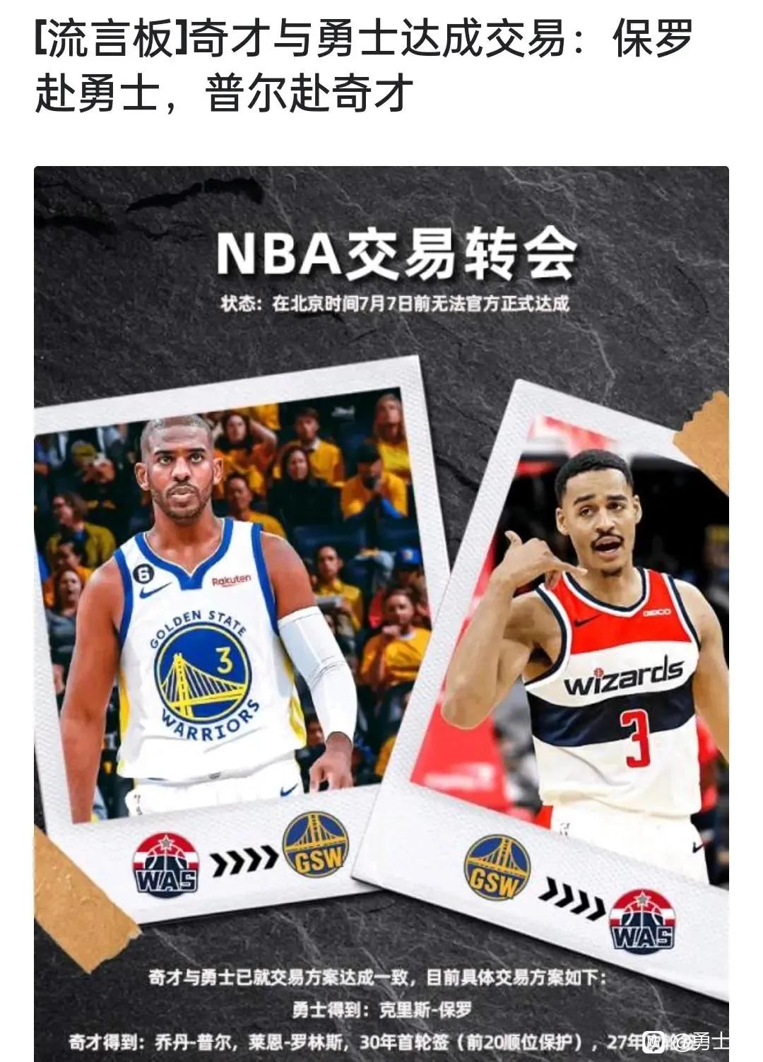 普尔换保罗，说明勇士还想争夺总冠军！

勇士奢侈税联盟第一，阵容趋于老化，仍然选