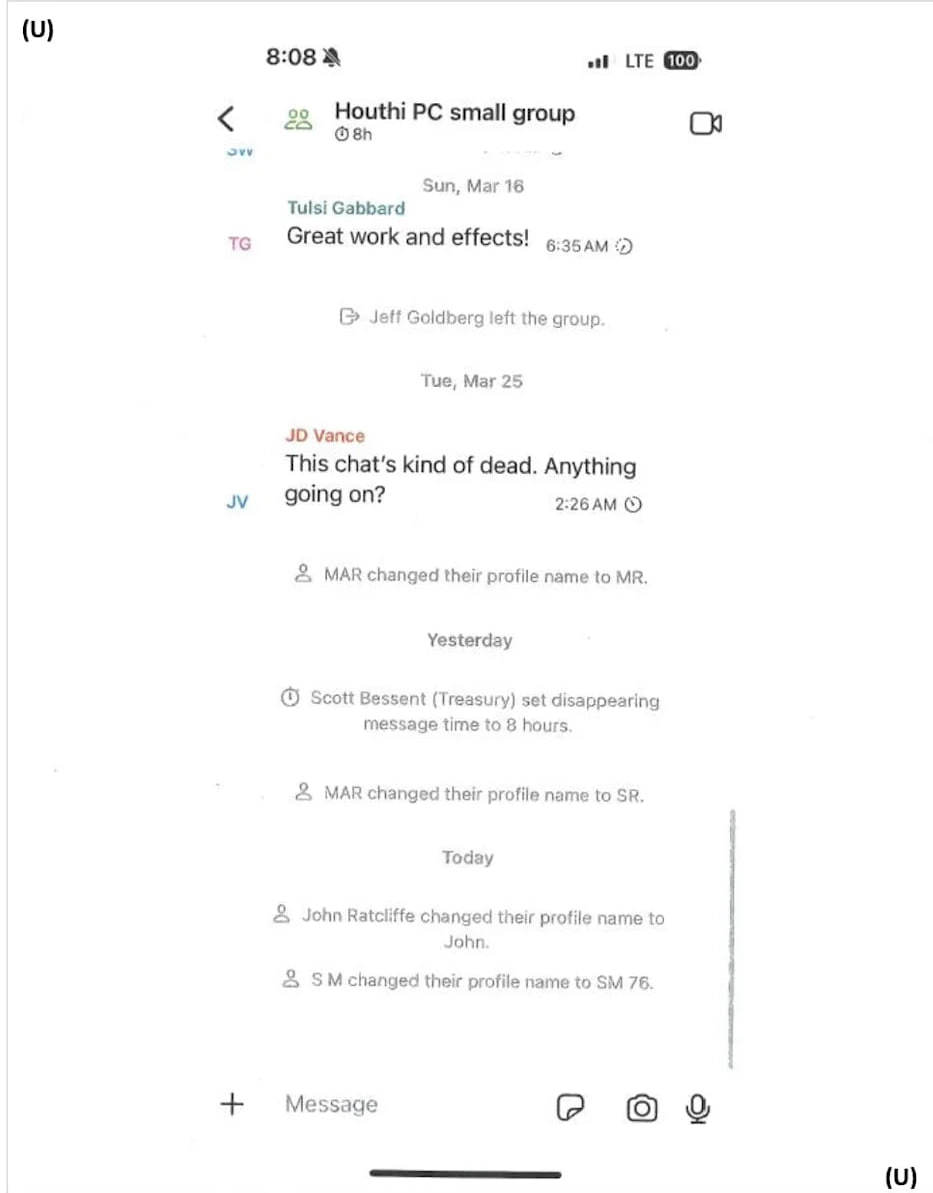 特朗普高级官员三月份用于协调也门空袭的 Signal 聊天记录被媒体泄露数小时后