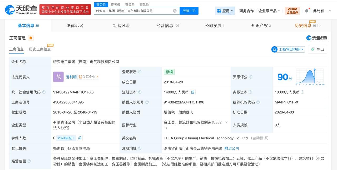 特变电工集团湖南电气科技公司增资至1.4亿 增幅40%
天眼查工商信息显示，近日