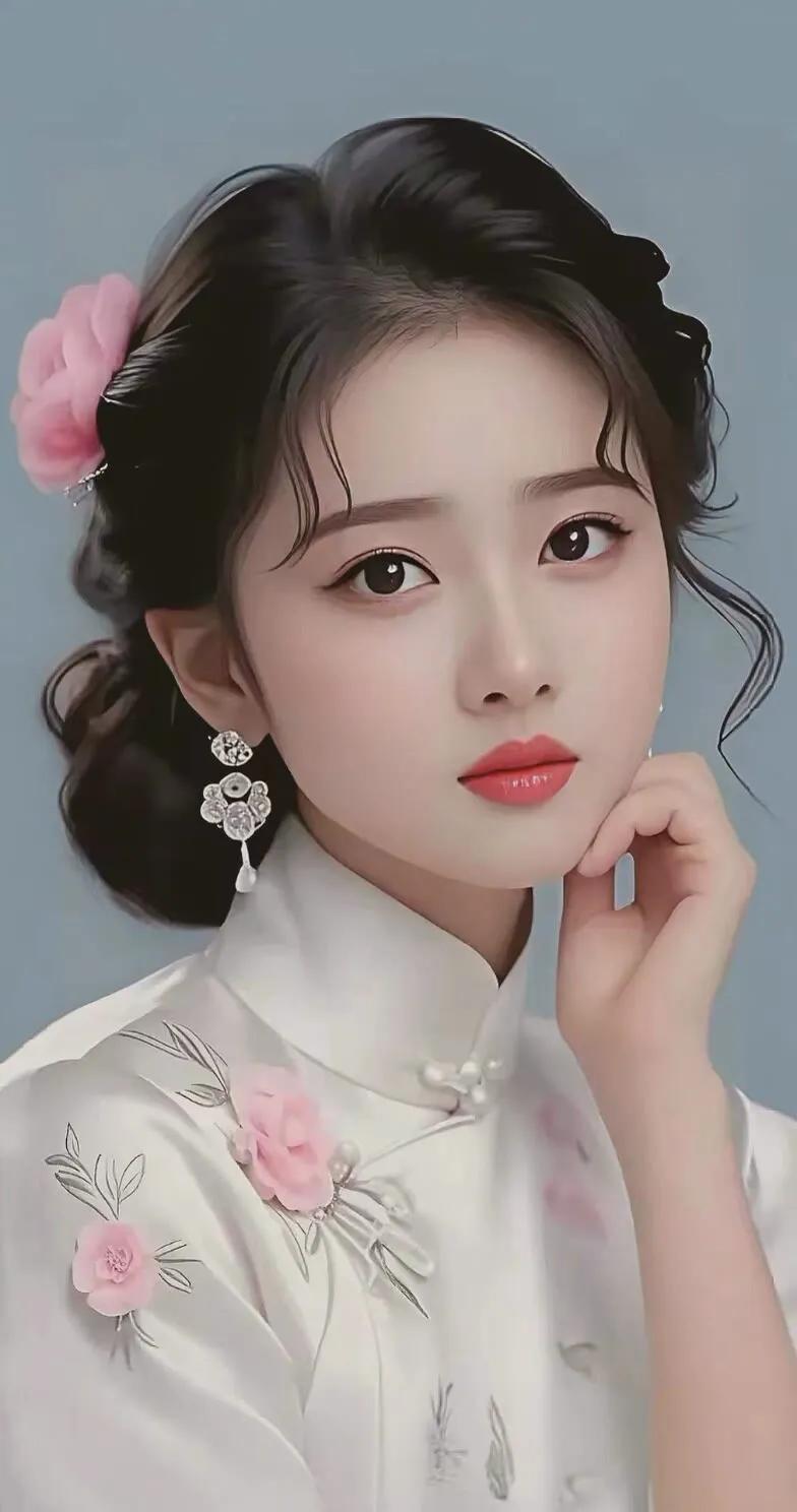 温婉古典的旗袍美人，粉花点缀，韵味十足。