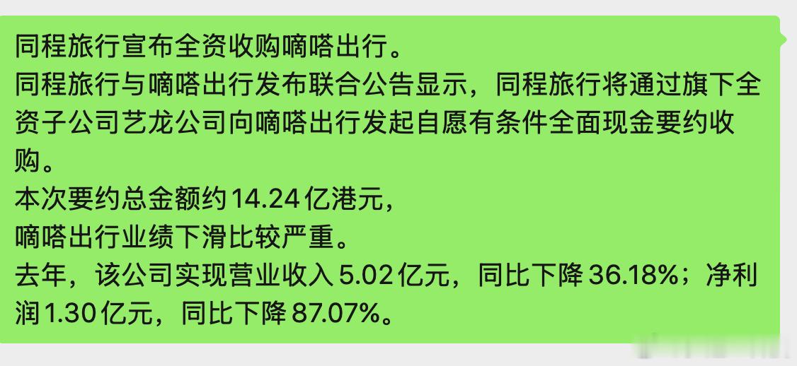 这年头还能看到互联网圈的收购，同程旅行收购嘀嗒出行。老登买了个弱登的感觉。嘀嗒出