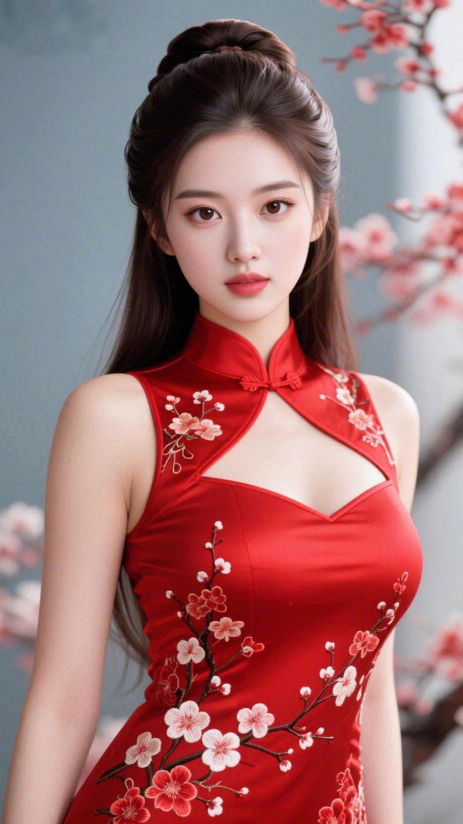 红袍绣梅韵东方
 
一袭正红缎面旗袍，将苏绣梅花的雅致与绸缎的柔润融成了典雅的景