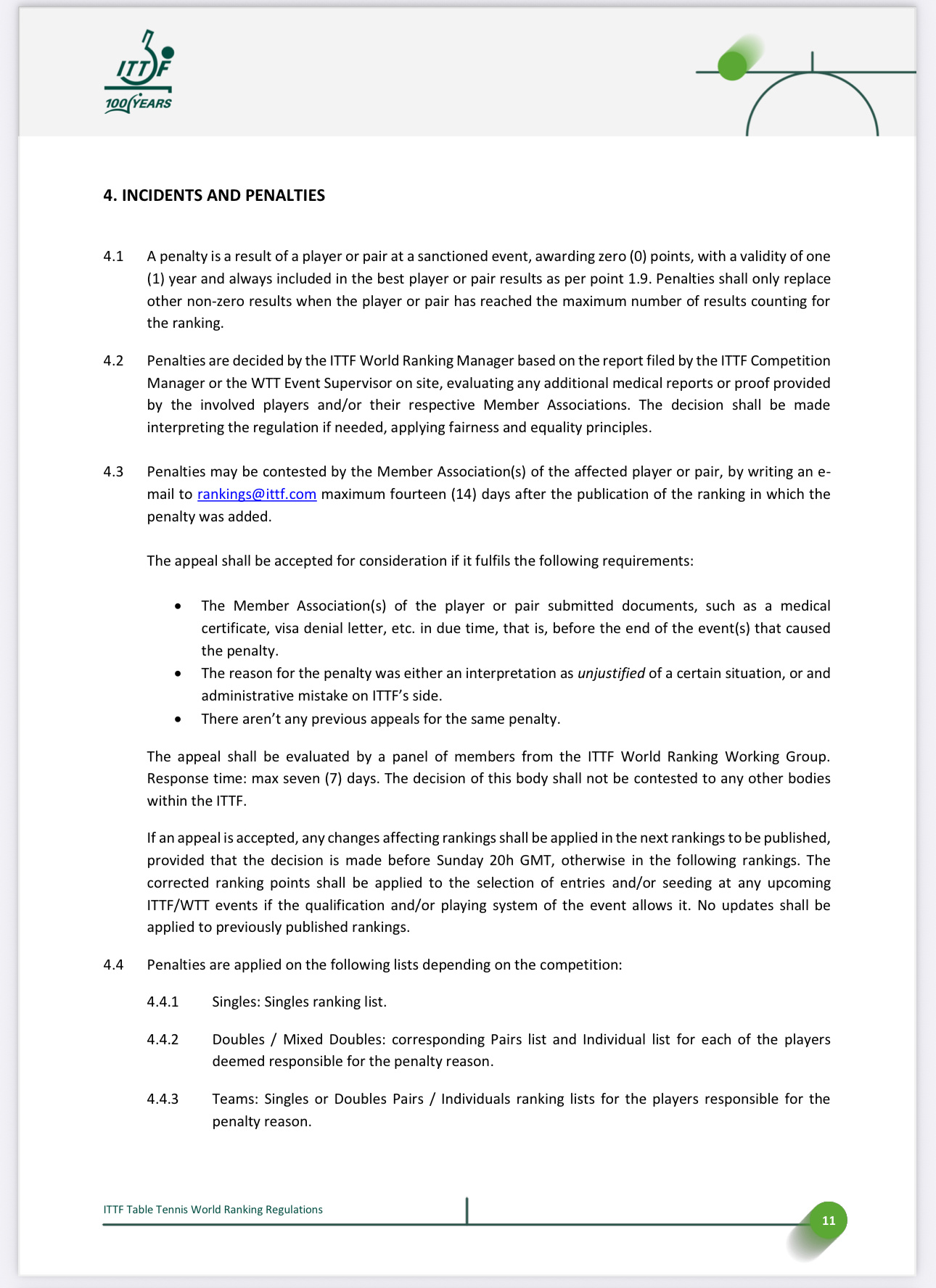 ITTF世排手册更新【与处罚相关部分】修订排名处罚裁决与申诉流程，明确具体步骤及
