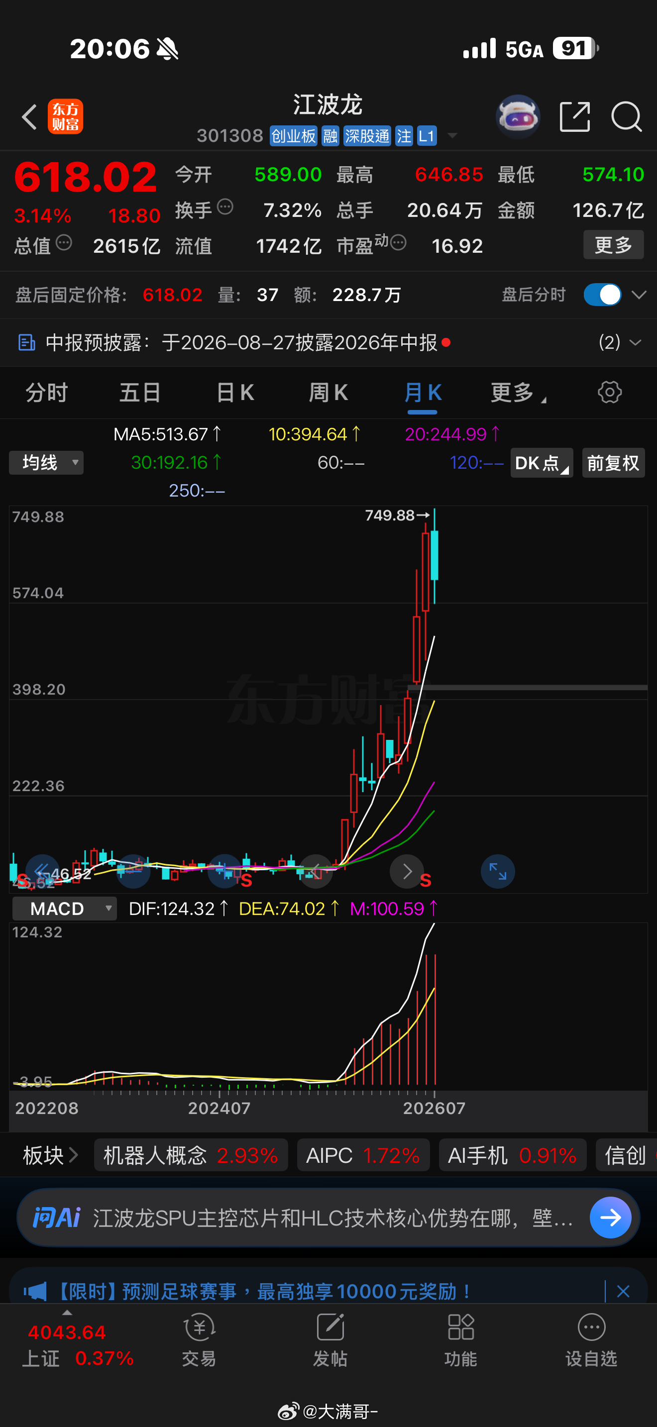 晚间爆出江波龍半年预增最高740倍的爆炸业绩，但股价已经提前走完一大波主升浪。机