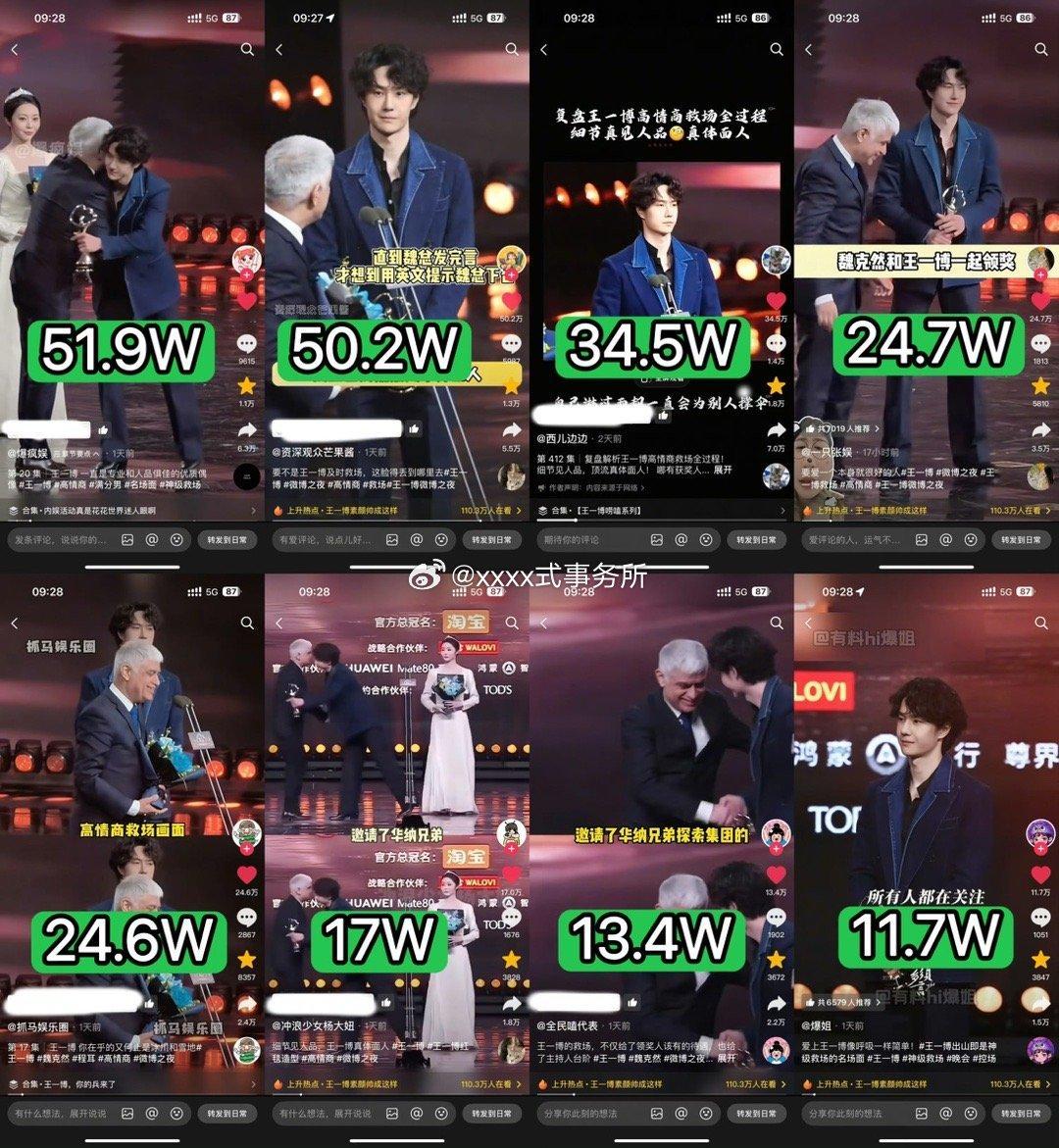 王一博微博之夜救场下沉市场出圈了，抖上都是大几十的赞 