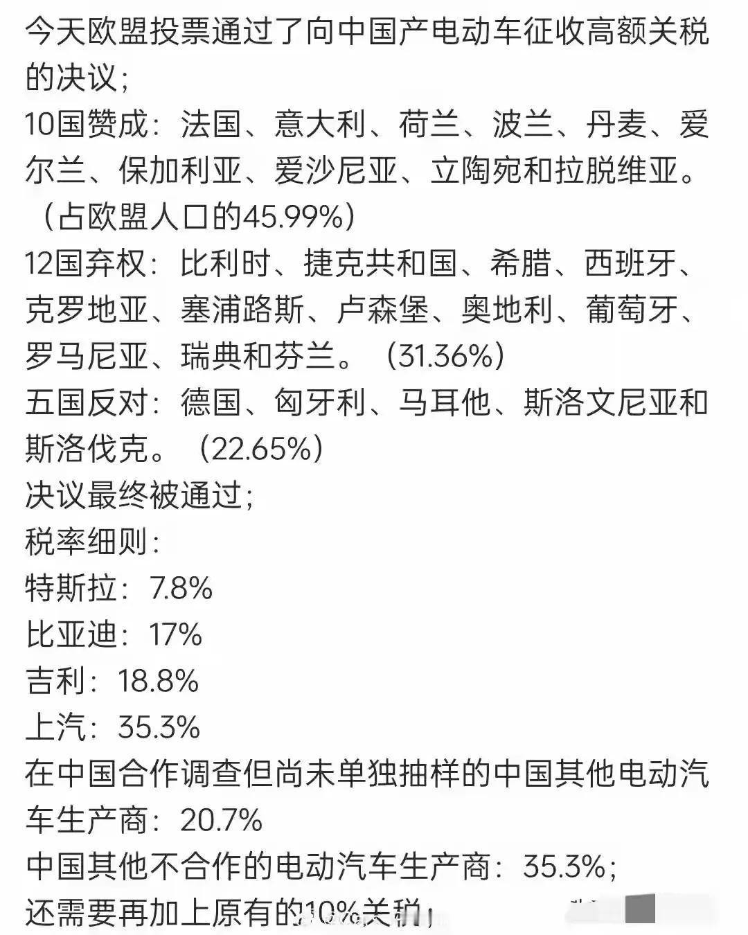 欧盟27国对中国电动汽车加税的投票结果震惊了业界！10国同意加税，5国反对，而有