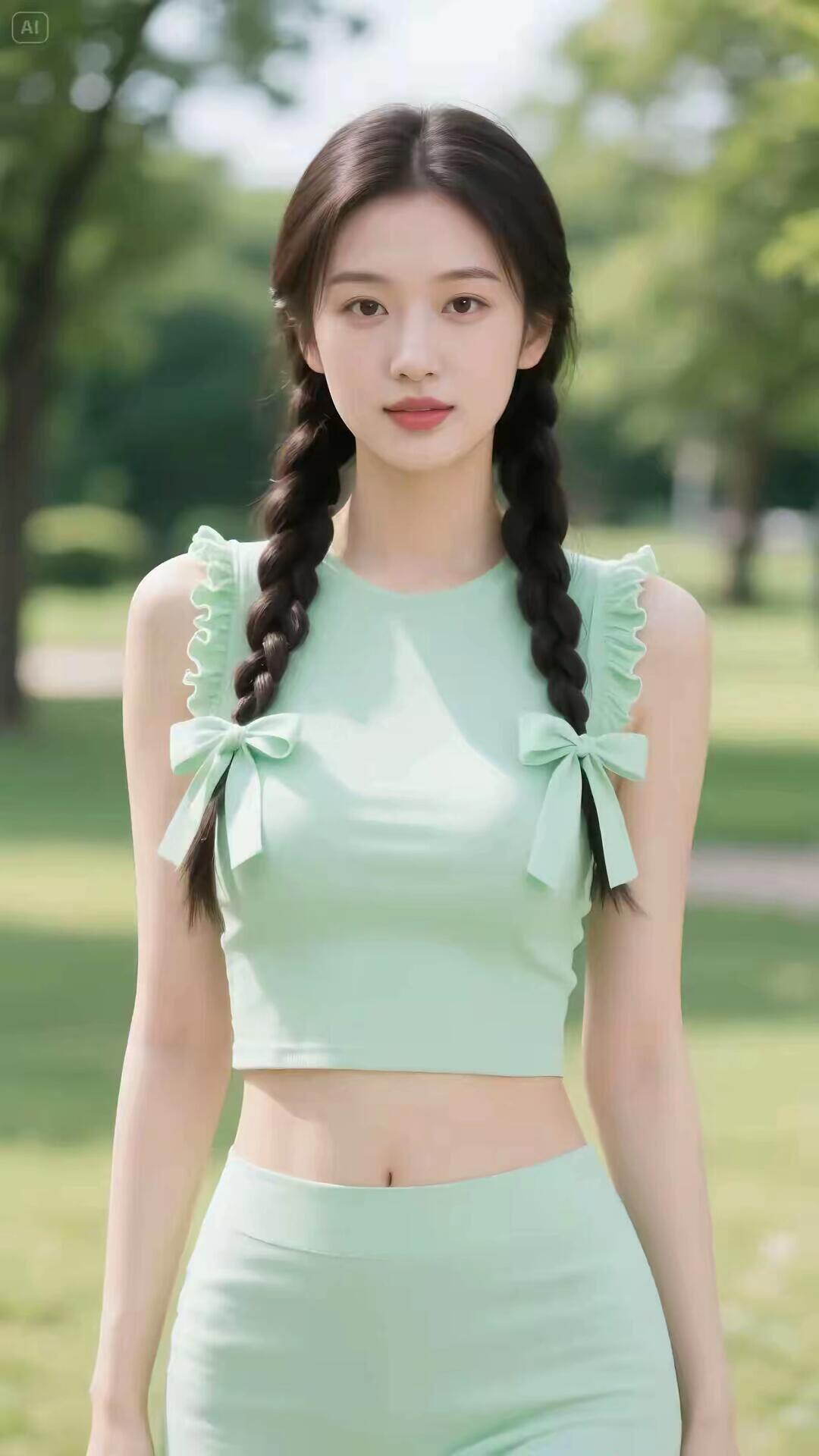 清新夏日穿搭，浅绿色少女风，公园里的自然美