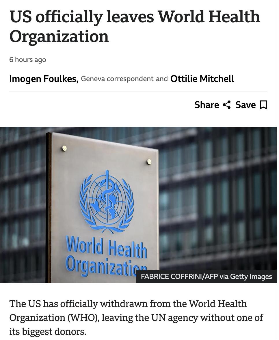 英媒：美国正式退出世界卫生组织（WHO），这是由特朗普总统一年前签署的行政命令导