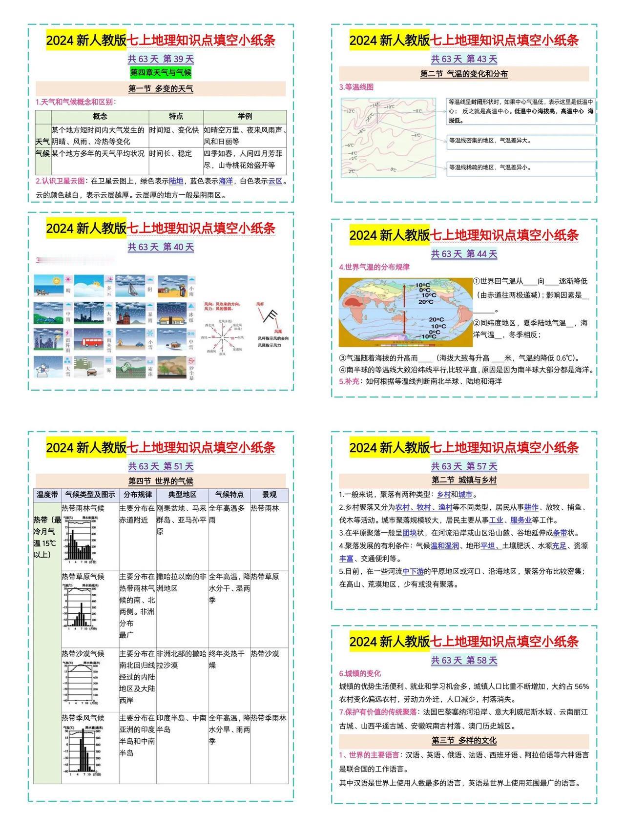 人教版七年级上册地理知识点填空小纸条