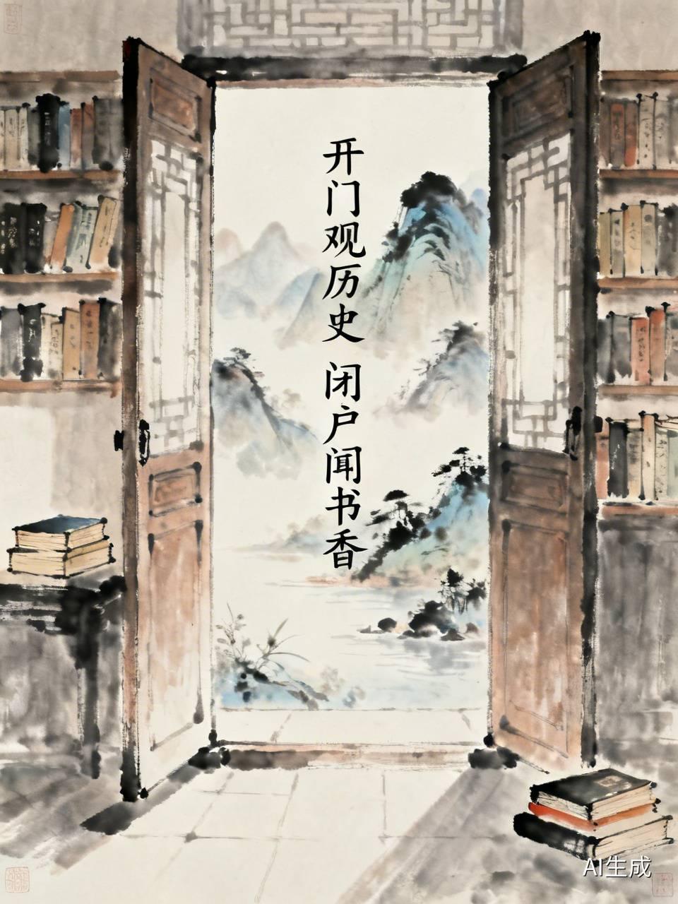 上联：开门观历史，
下联：闭户闻书香。