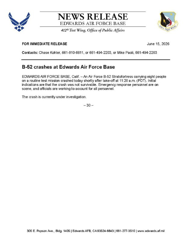 美国空军证实，坠毁在基地的B-52H轰炸机上共有8人，全部遇难。事故原因正在调查