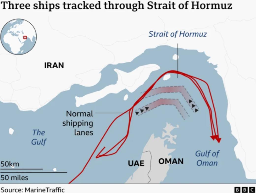 英国 BBC 关注霍尔木兹 “幽灵船”：三艘油轮贴着伊朗海岸线悄悄穿行。

3 