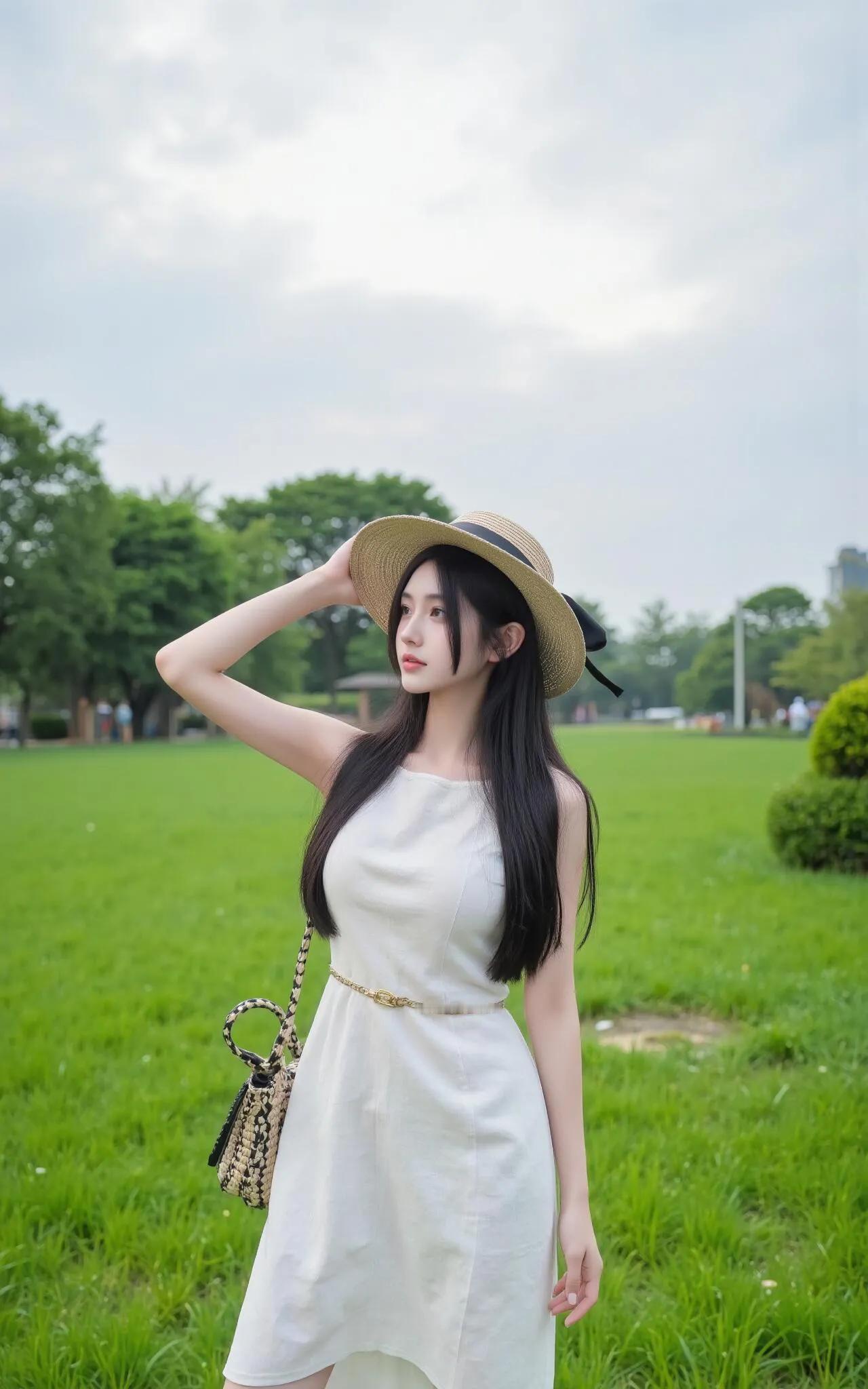 夏日清新穿搭草帽+白色连衣裙轻松自在