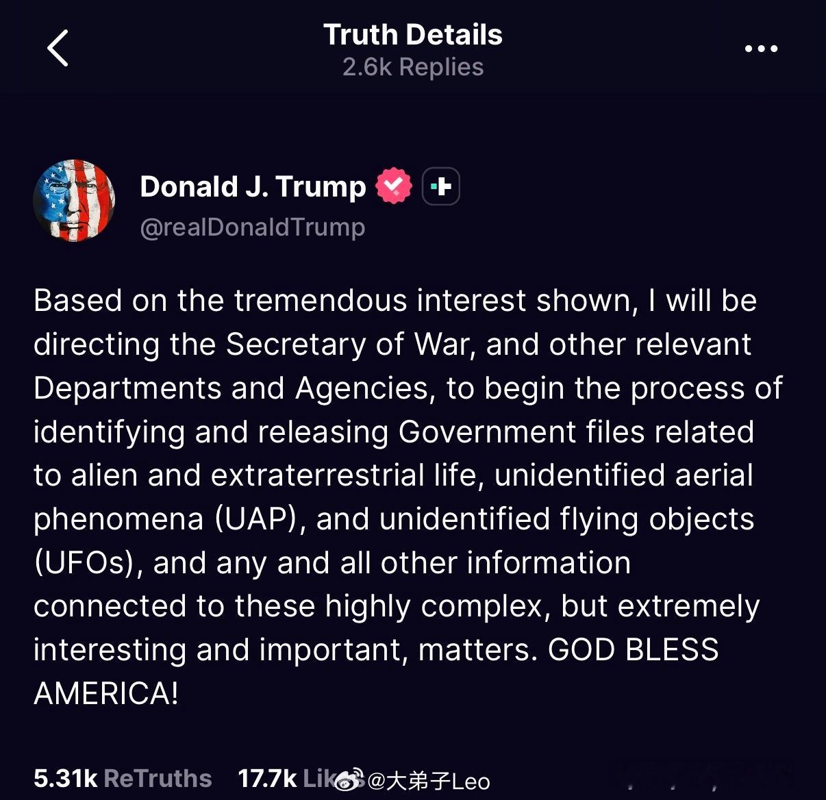 特朗普表示将开展调查并公布外星文件鉴于大家表现出的巨大兴趣，我将指示战争部长以及