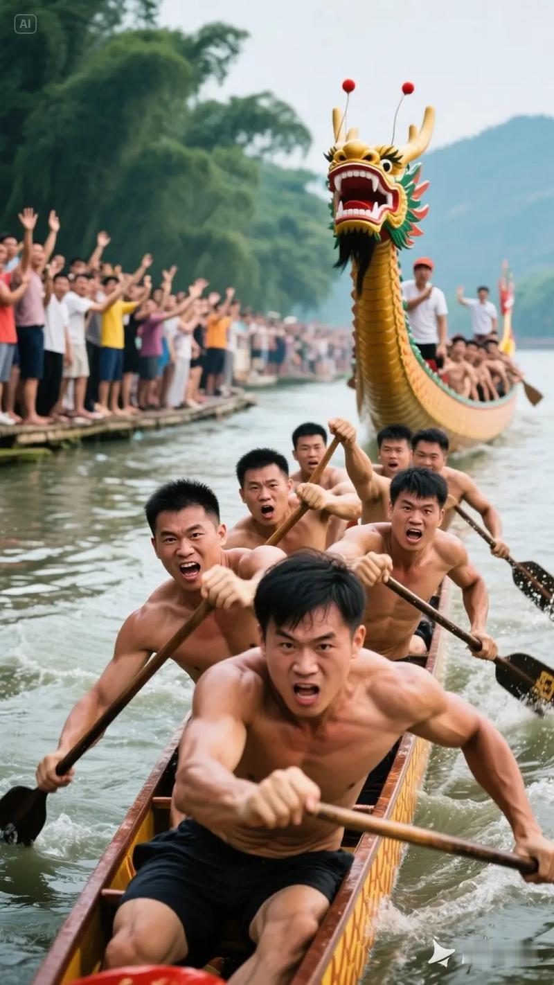 端午赛龙舟，
全力争上游。
罗鼓伴呐喊，
都想冠军求。