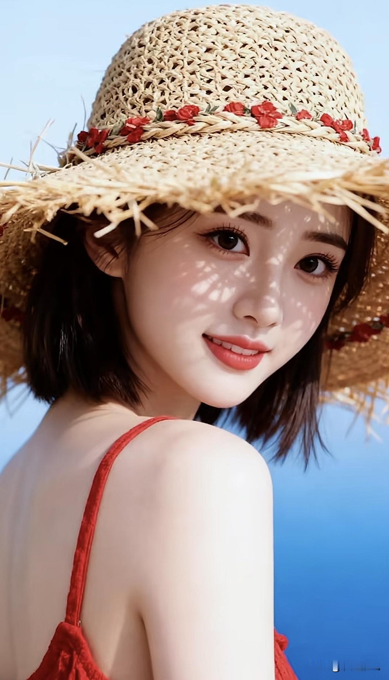 夏日海边少女，草帽与红裙的完美搭配，阳光下的甜美笑容。草帽红裙穿搭 红衣草帽少女