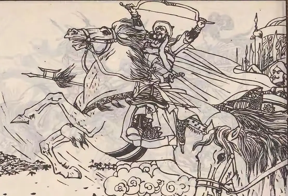 辽军主将土金秀催马来到阵前，一晃手中的弯弓大喊：“宋将，哪个敢与我比弓...