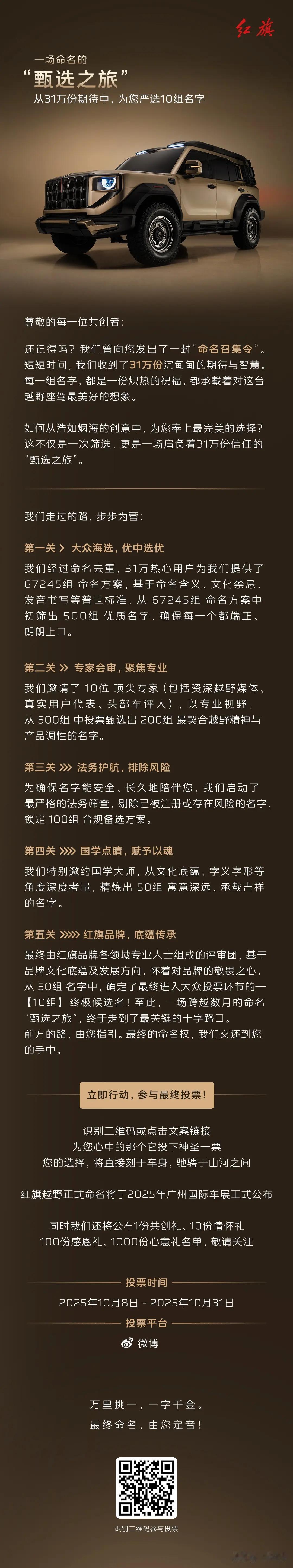 红旗越野车向网友们征集车型名字：红旗硬派越野车的全球征名活动已进入最终投票阶段，