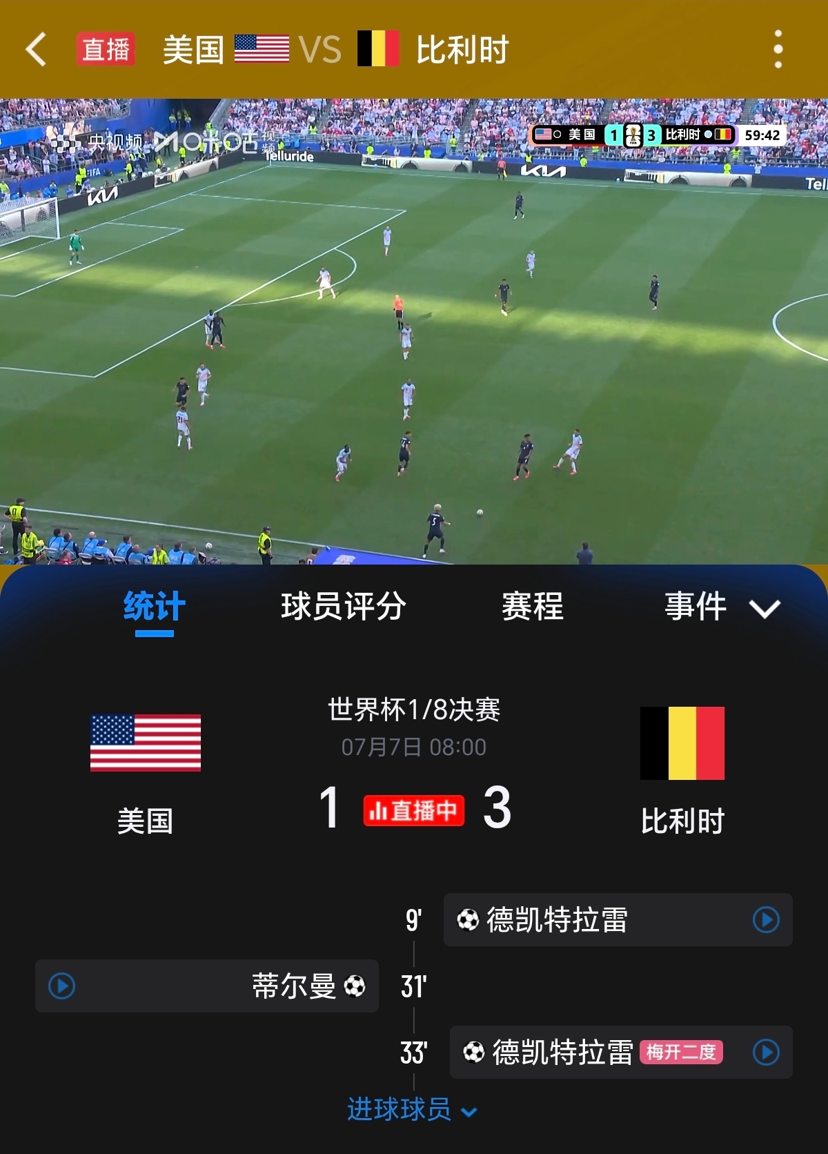 场上比分已经1-3，比利时领先，你说要是最后美国真被淘汰，特朗普会不会打电话给因