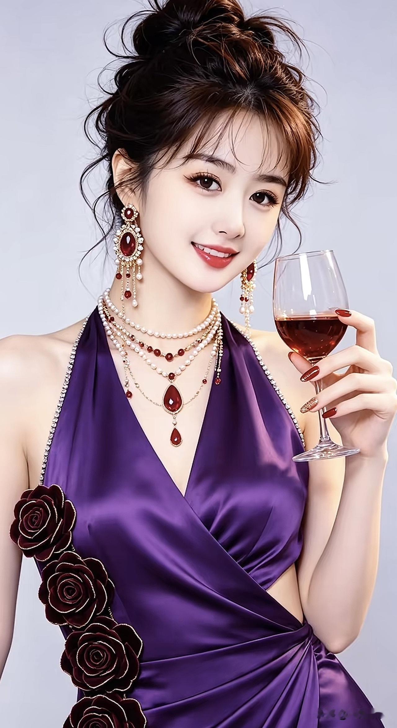 优雅紫裙晚宴，红宝石项链闪耀，举杯邀月，尽显魅力！💃💍🍷紫色蕾丝礼服 轻奢