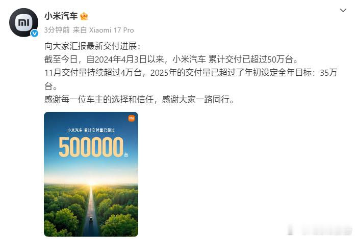 小米汽车交付量已超全年目标12月2日，小米汽车官宣，自2024年4月3日以来，小