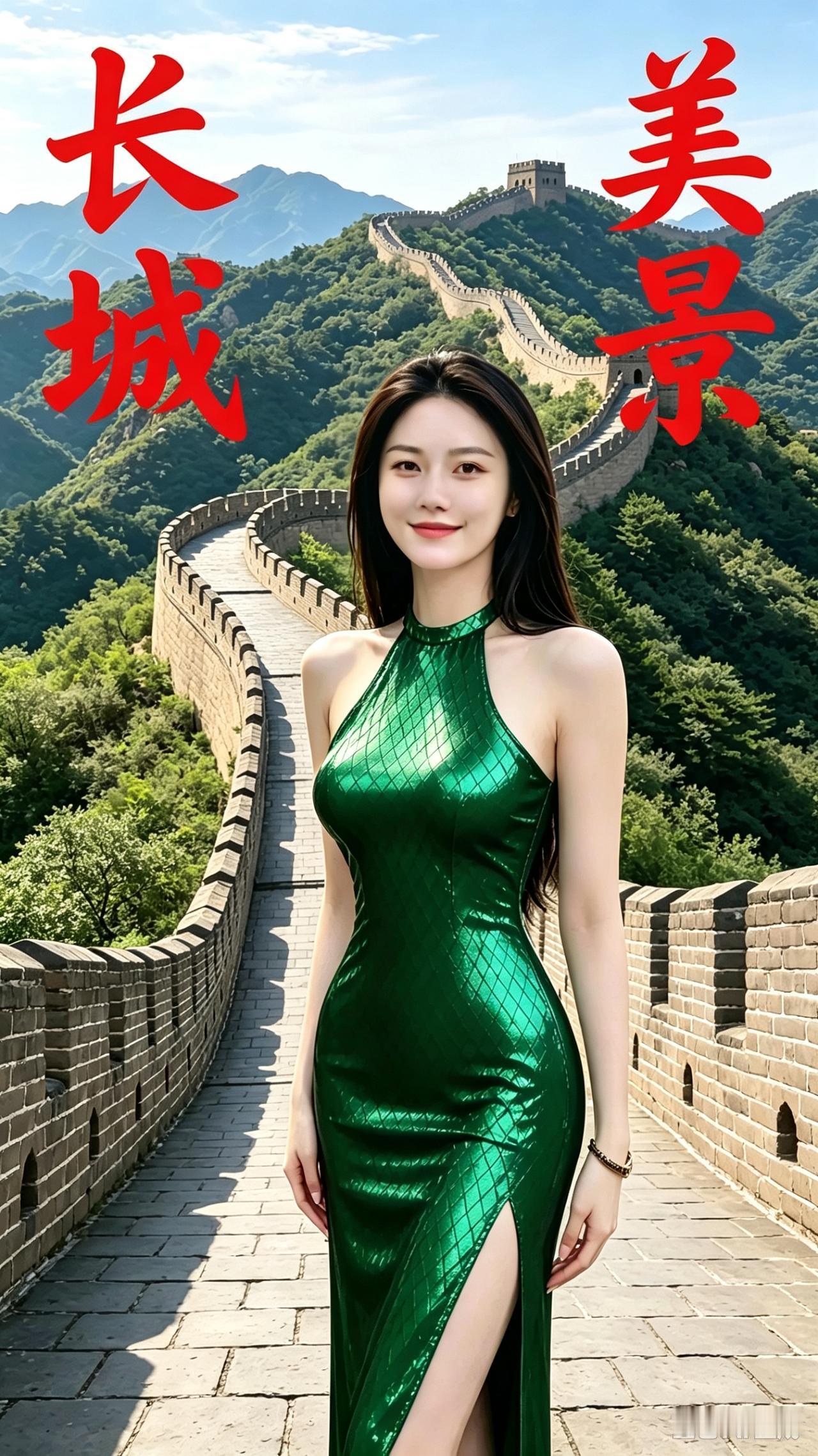 小姐姐在长城前穿绿裙摆pose。长城倩影
 
万里长城绕青山，
绿裙佳人立城垣。