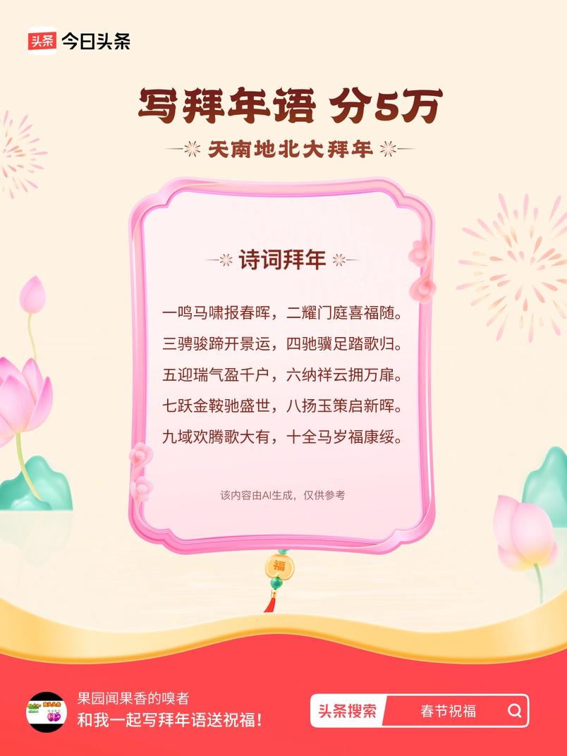 写拜年语送祝福新春拜年送祝福！我的祝福是：“一鸣马啸报春晖，二耀门庭喜福随。三骋
