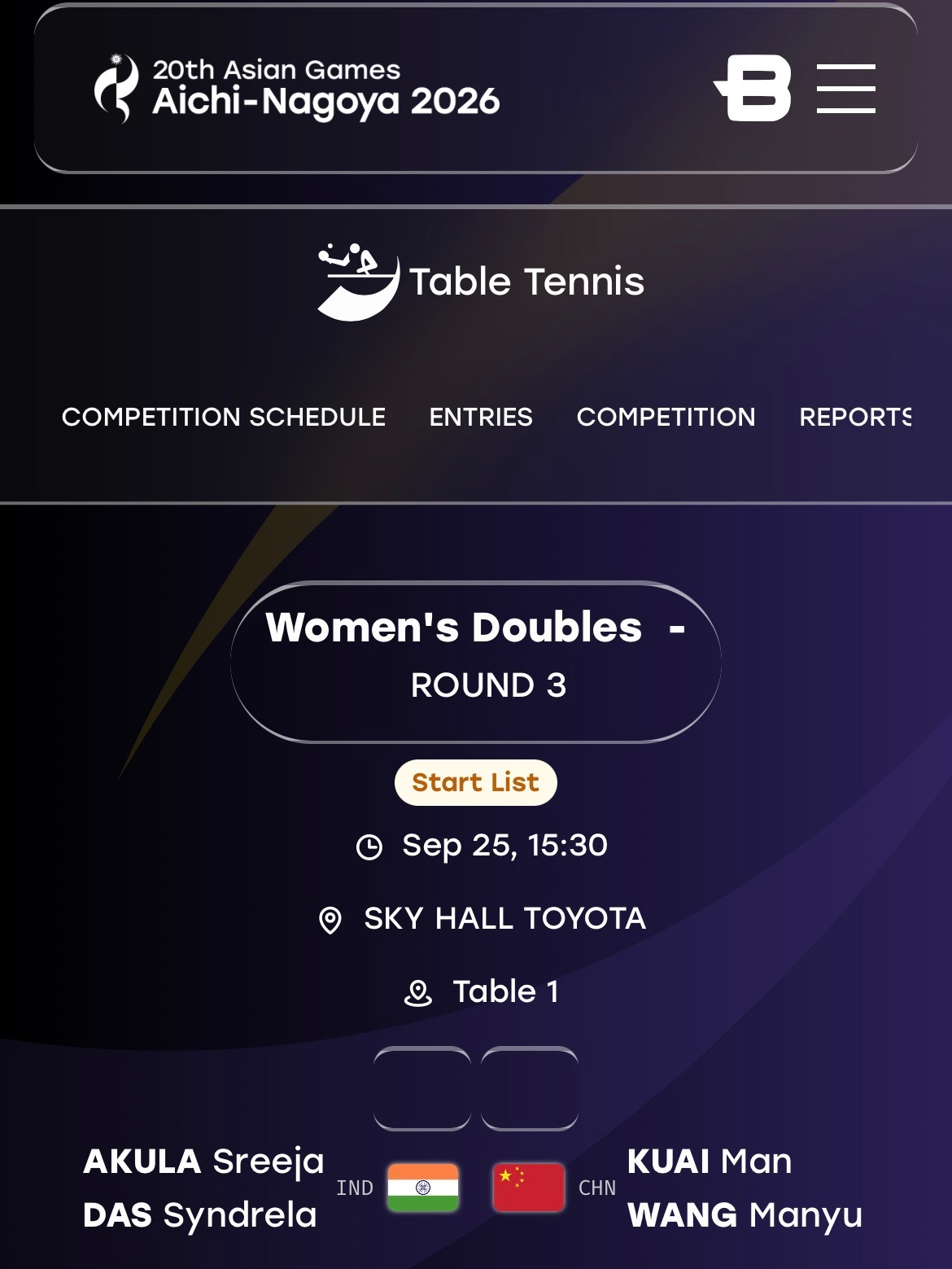 爱知名古屋亚运会 [拳头]中国队加油‬ 🏓赛事预告🏓女双 R162026.9