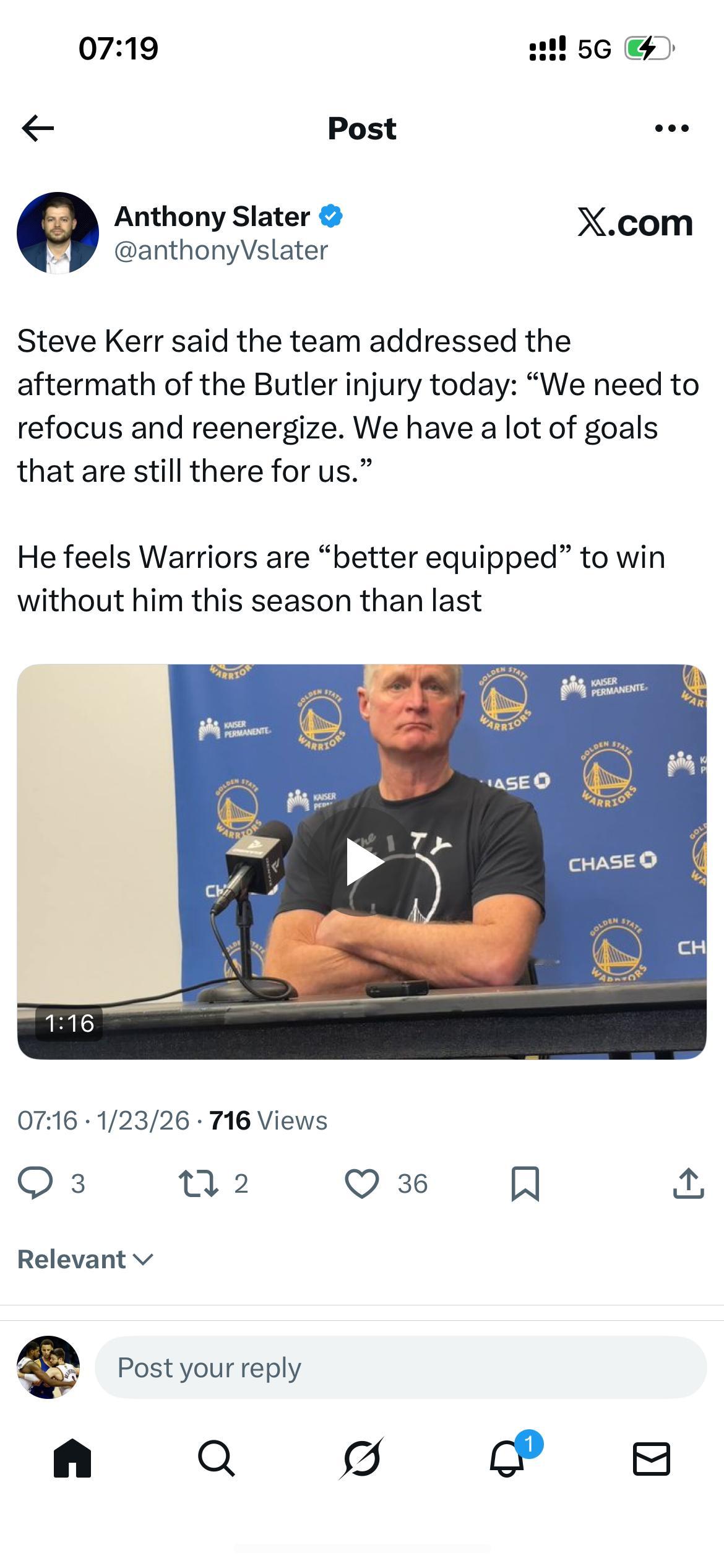 史蒂夫·科尔表示，球队今天处理了巴特勒受伤后的后续事宜：“我们需要重新聚焦并振作