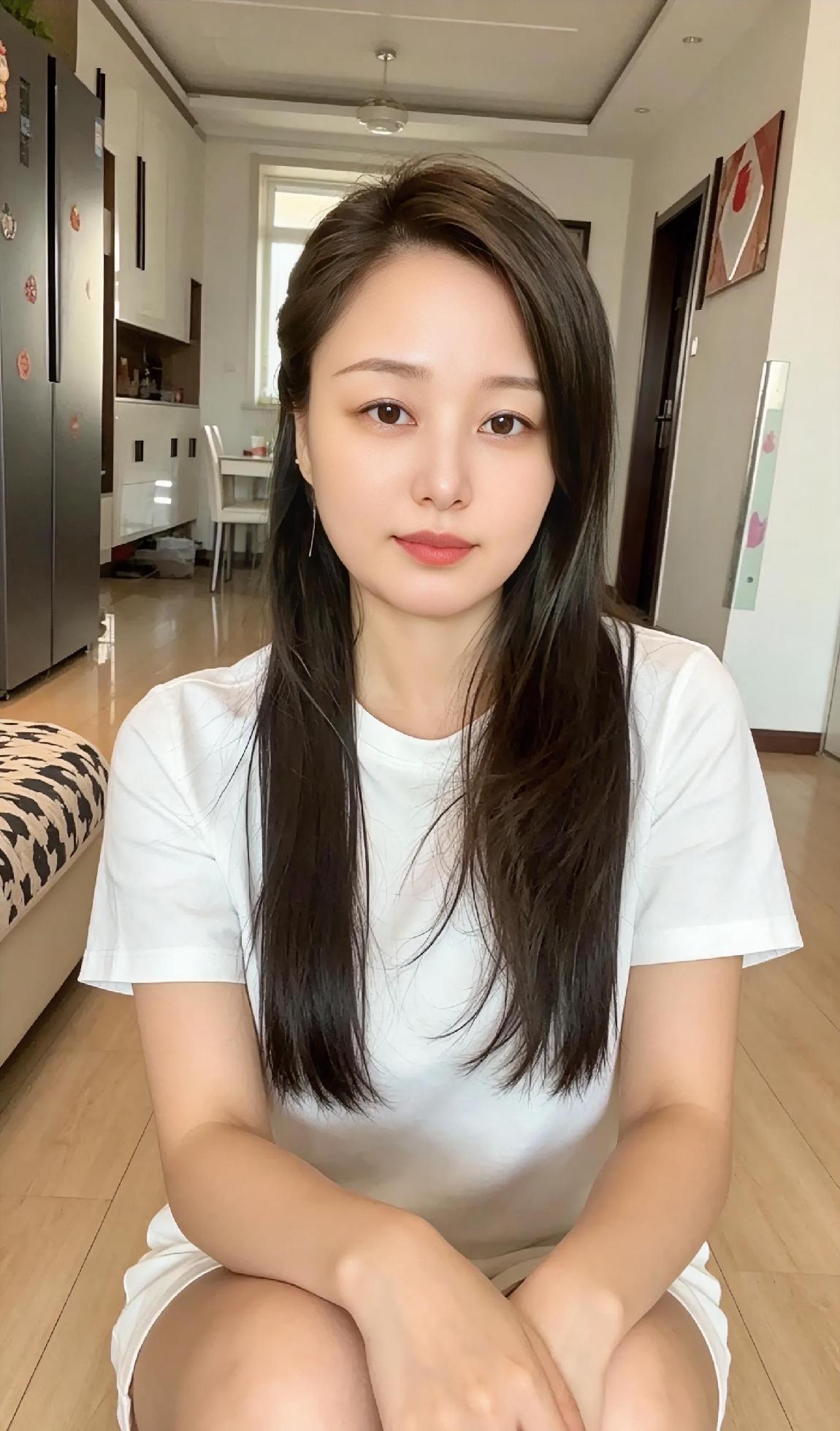 木地板上的午后时光，

一件白T恤，

干净又清爽。

长发垂落肩头，

笑容温