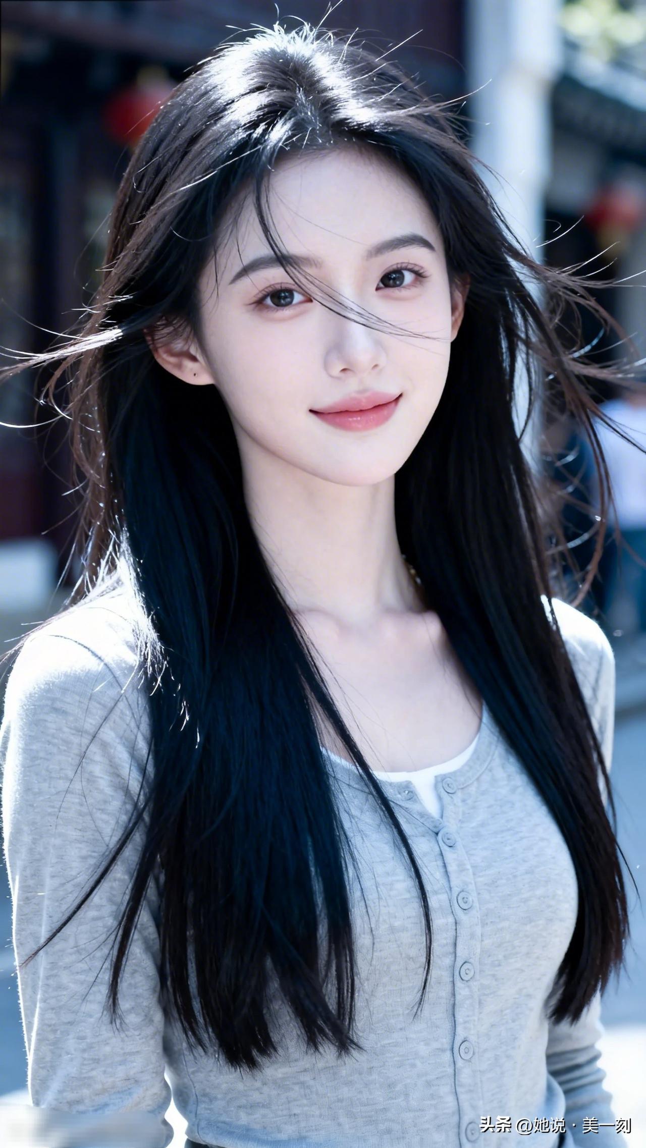 阳光下的甜美少女，黑发飘飘，微笑动人