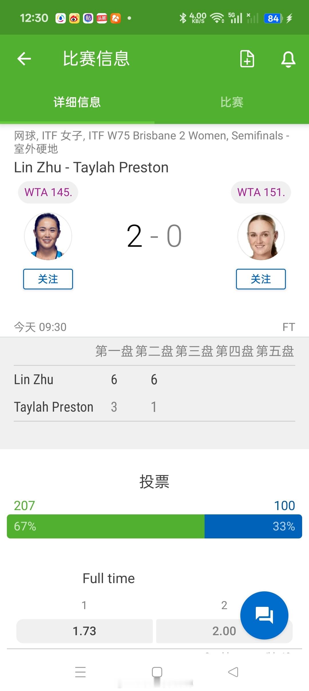 小花小草资讯 【布里斯班W75】女单四半决赛:🇨🇳3号种子朱琳6-36-1横