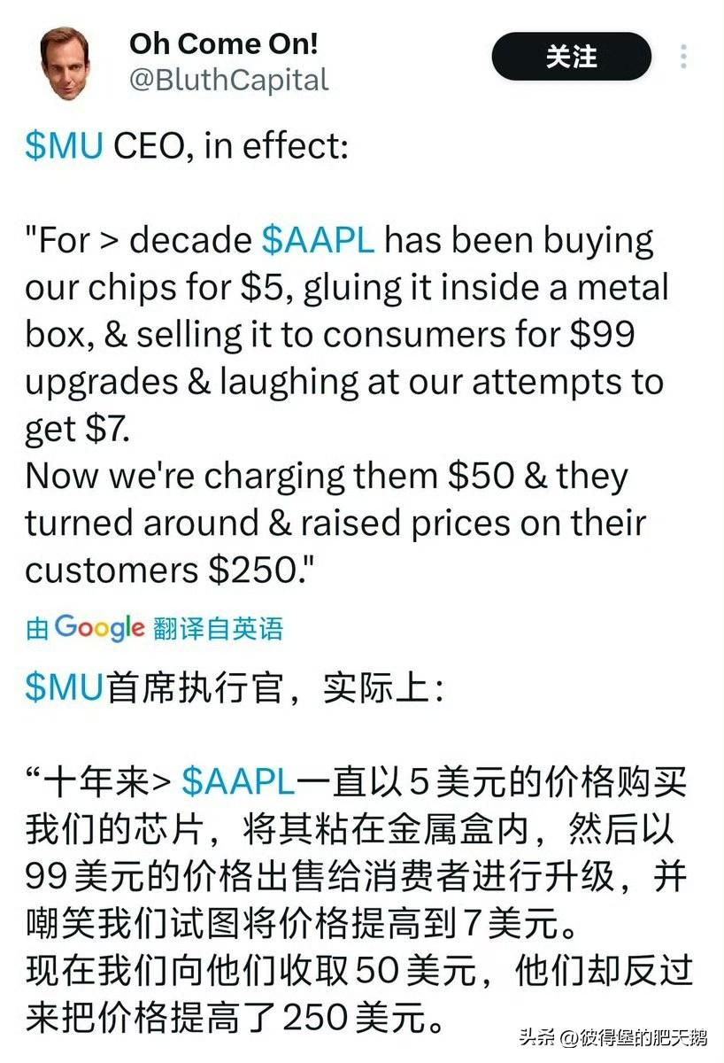 美光科技高管公开吐槽苹果定价模式：十多年来，苹果长期以5美元采购存储芯片，简单封