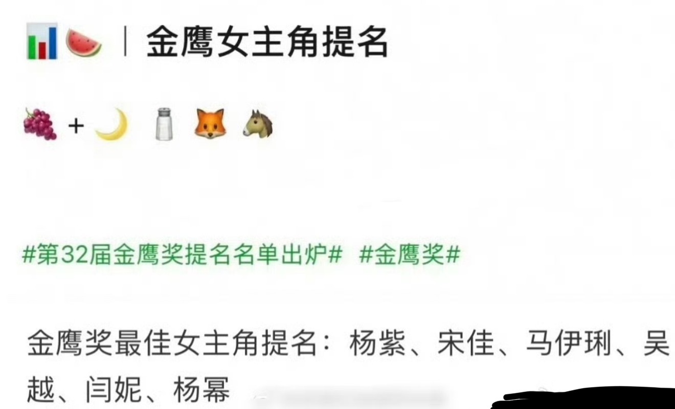 瓜主爆料的金鹰奖最佳女主角：杨紫 宋佳 吴越 闫妮 杨幂 马伊琍 