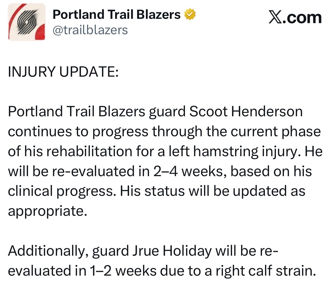 波特兰开拓者官方：亨德森左腿筋伤势的康复正按当前阶段稳步推进，将根据临床恢复情况