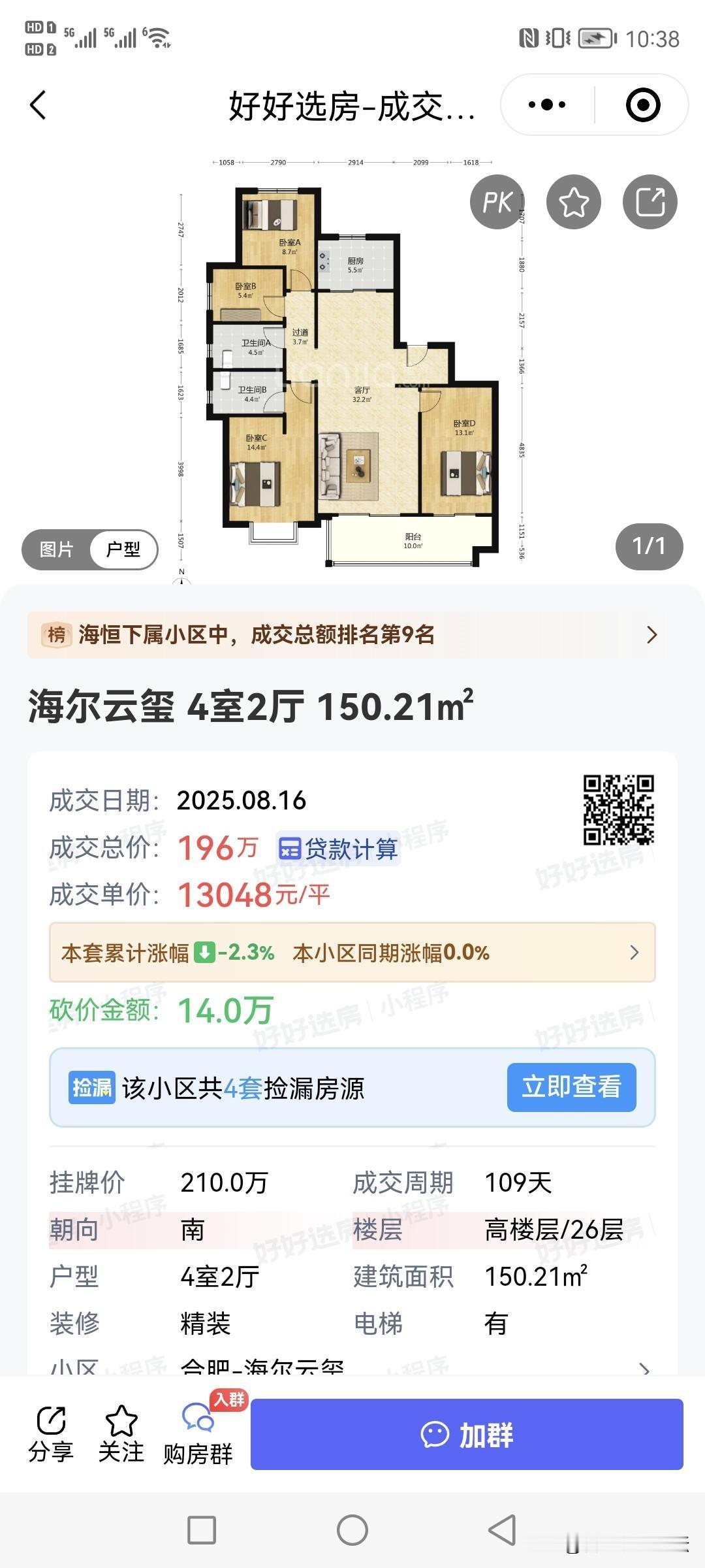 合肥改善人群买的二手房，也是次新房。的确都还挺具有性价比的。
经开区海尔云玺，1