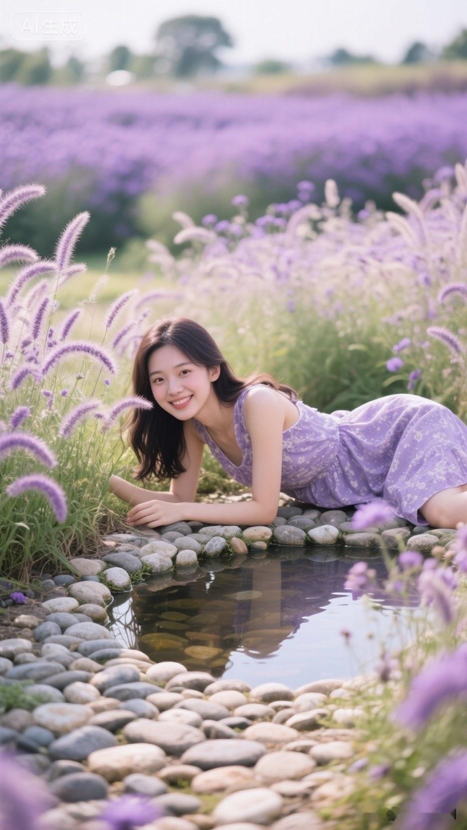 一个女孩在花丛中开心地躺着。