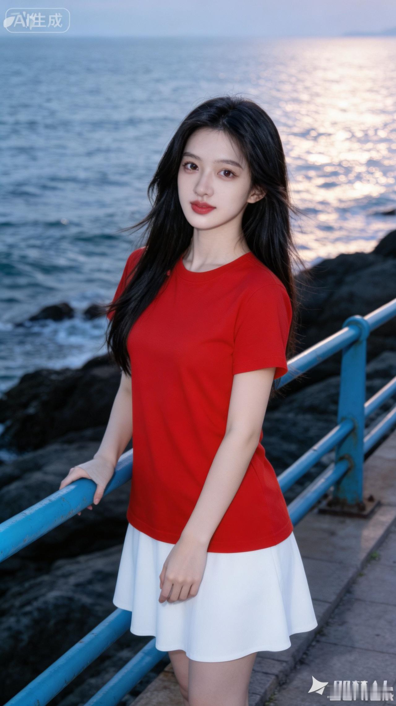 海边少女穿搭指南：红白相间，清新自然