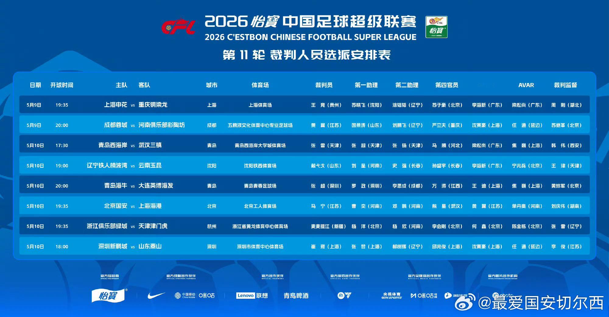 【中超第11轮 国安 VS 上海海港 裁判信息】  国安联赛第十一轮主场同上海海