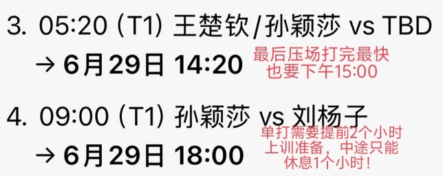 白天中午打混双，晚上稍早打单打。中间应该只能休息一个多小时，继续维权吧。 