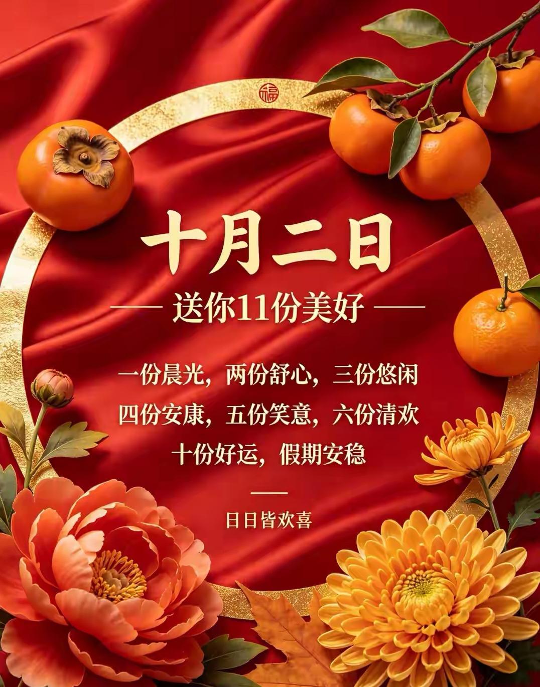 早安，你好！今日是十月二日，节日续欢，早祝福安。愿金秋顺遂，假期安然。

风凉意