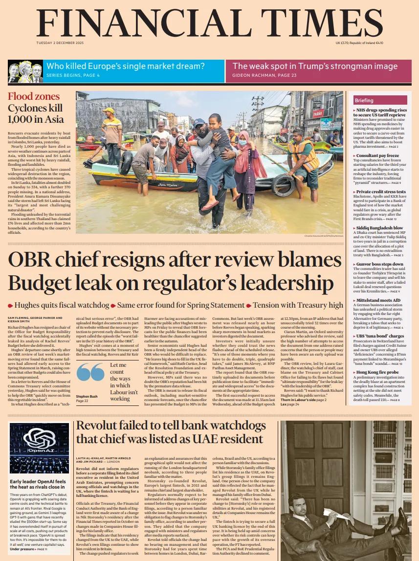 《金融时报》头版报道称，洪水灾区 ，气旋在亚洲造成1000人死亡。
      