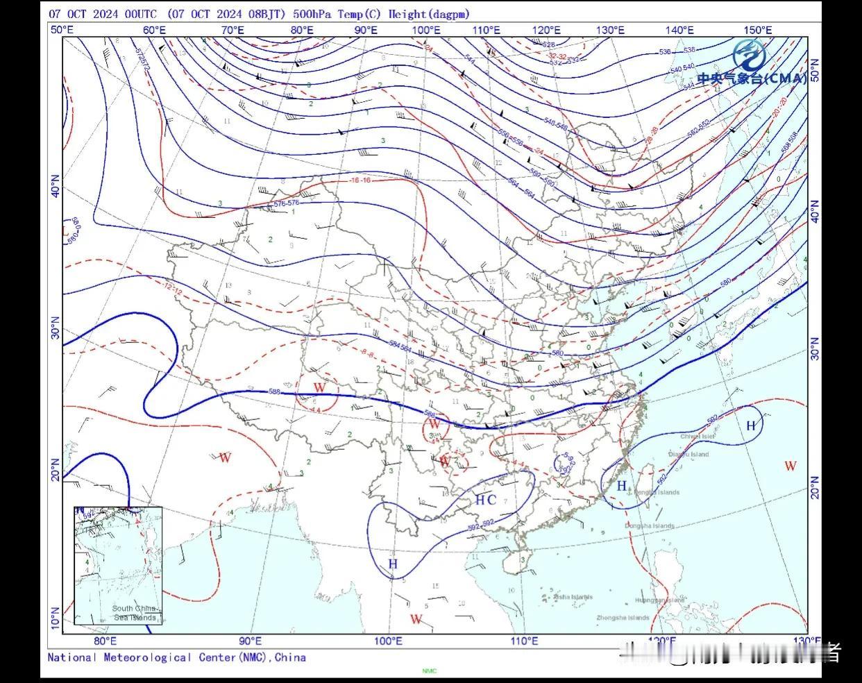 今天，随着冷空气南下，700hPa冷切变线南压至江淮之间，同时，200hPa南亚