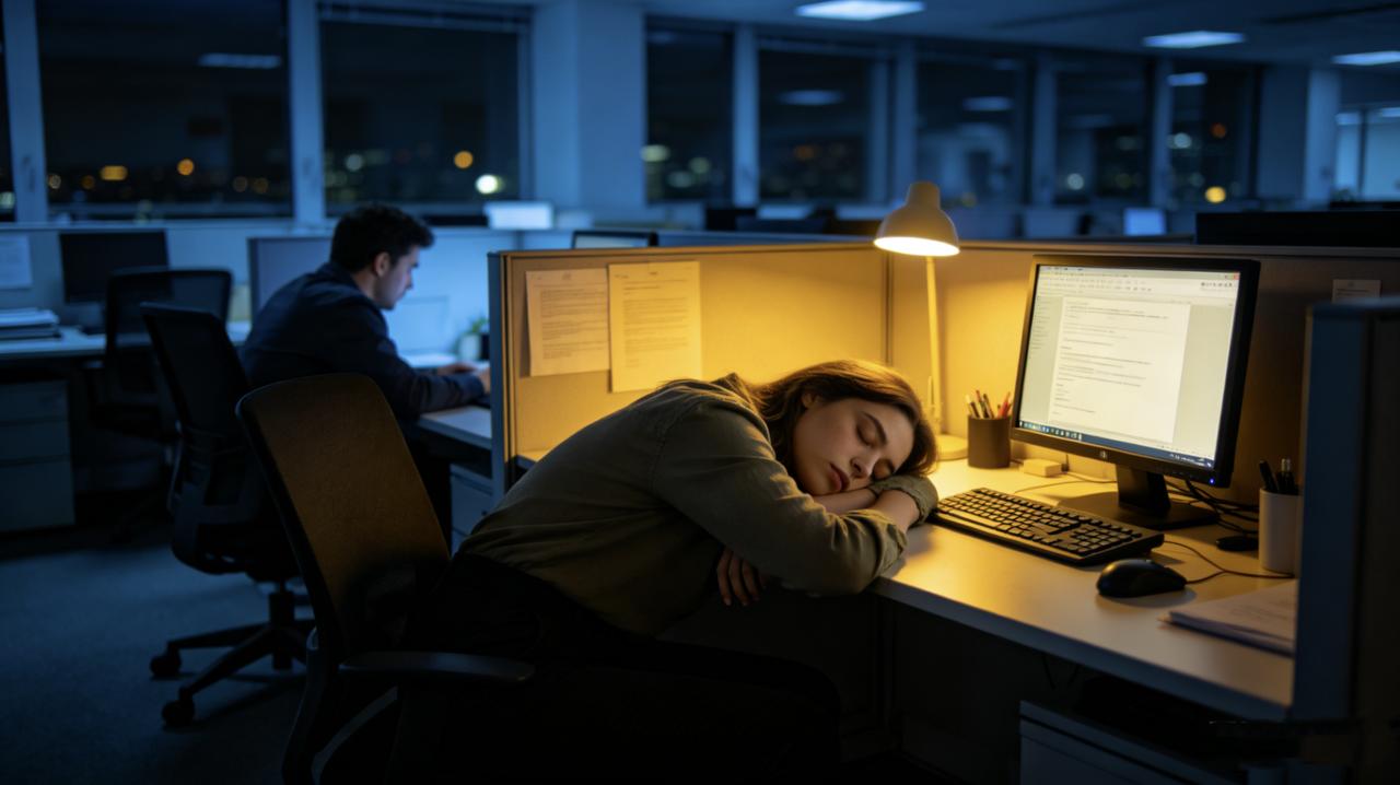 凌晨一点，整层楼只剩他们两个。
她趴在工位上睡着了，电脑屏幕还亮着。他走过去，把